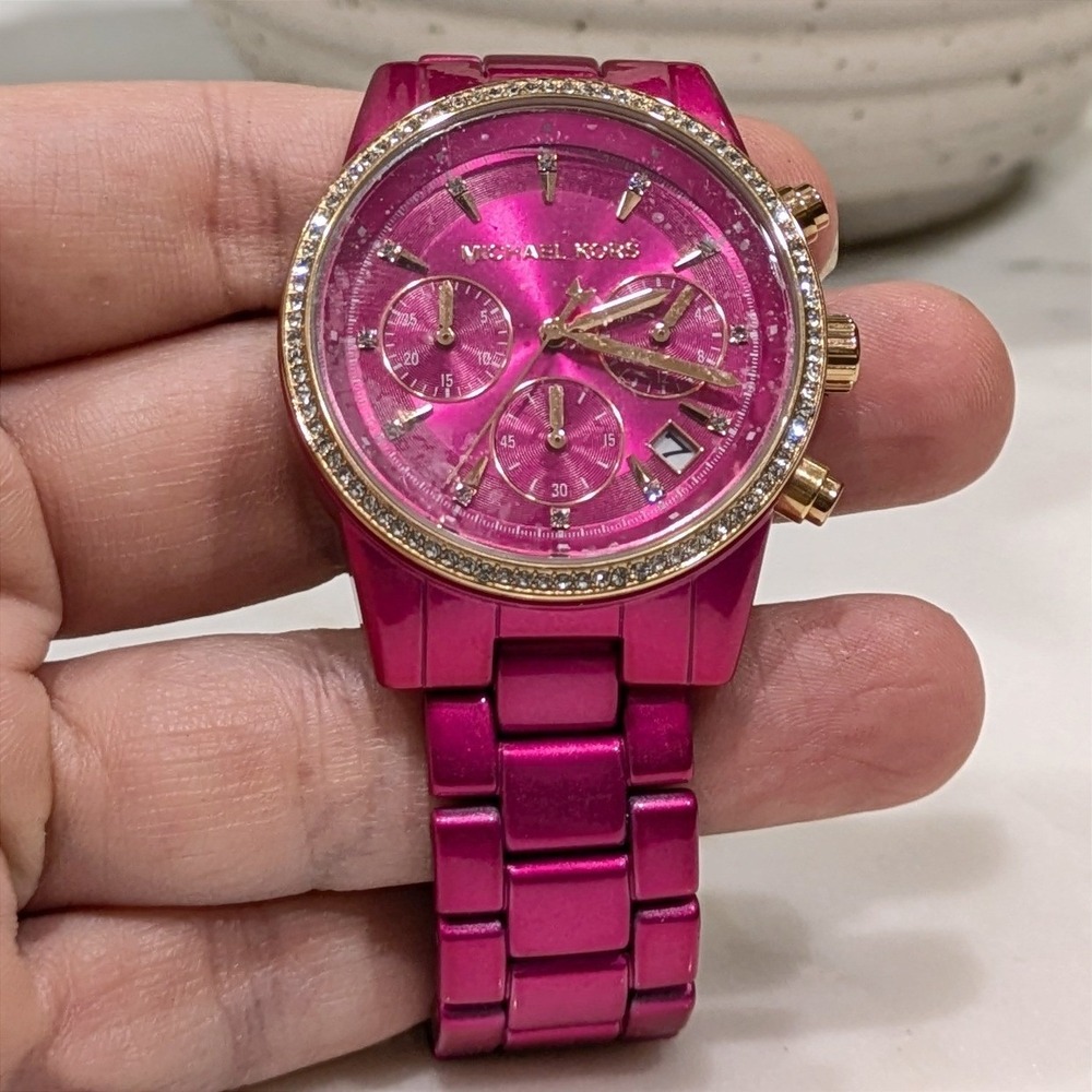 Michael Kors Ritz Chronograph Watch New Battery Pink Rose Gold Crystal Bezel